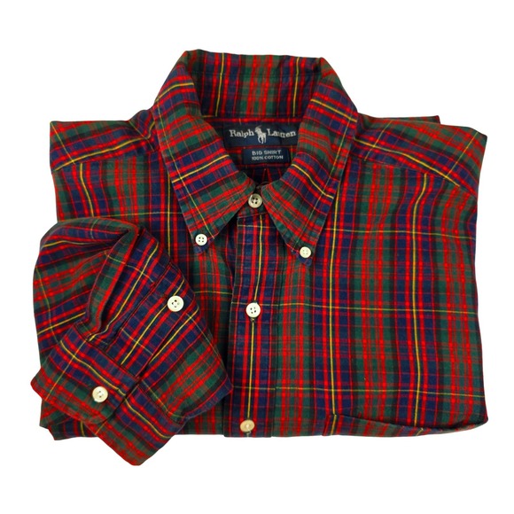 Ralph Lauren BIG SHIRT Mens Medium Red Tartan Plaid Pony Oversized Baggy Oxford - Picture 3 of 13